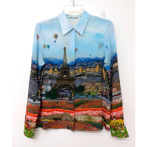 Alice + Olivia Willa Emily in Paris Eiffel Tower Shirt Blouse Silk Floral M - Picture 2 of 16
